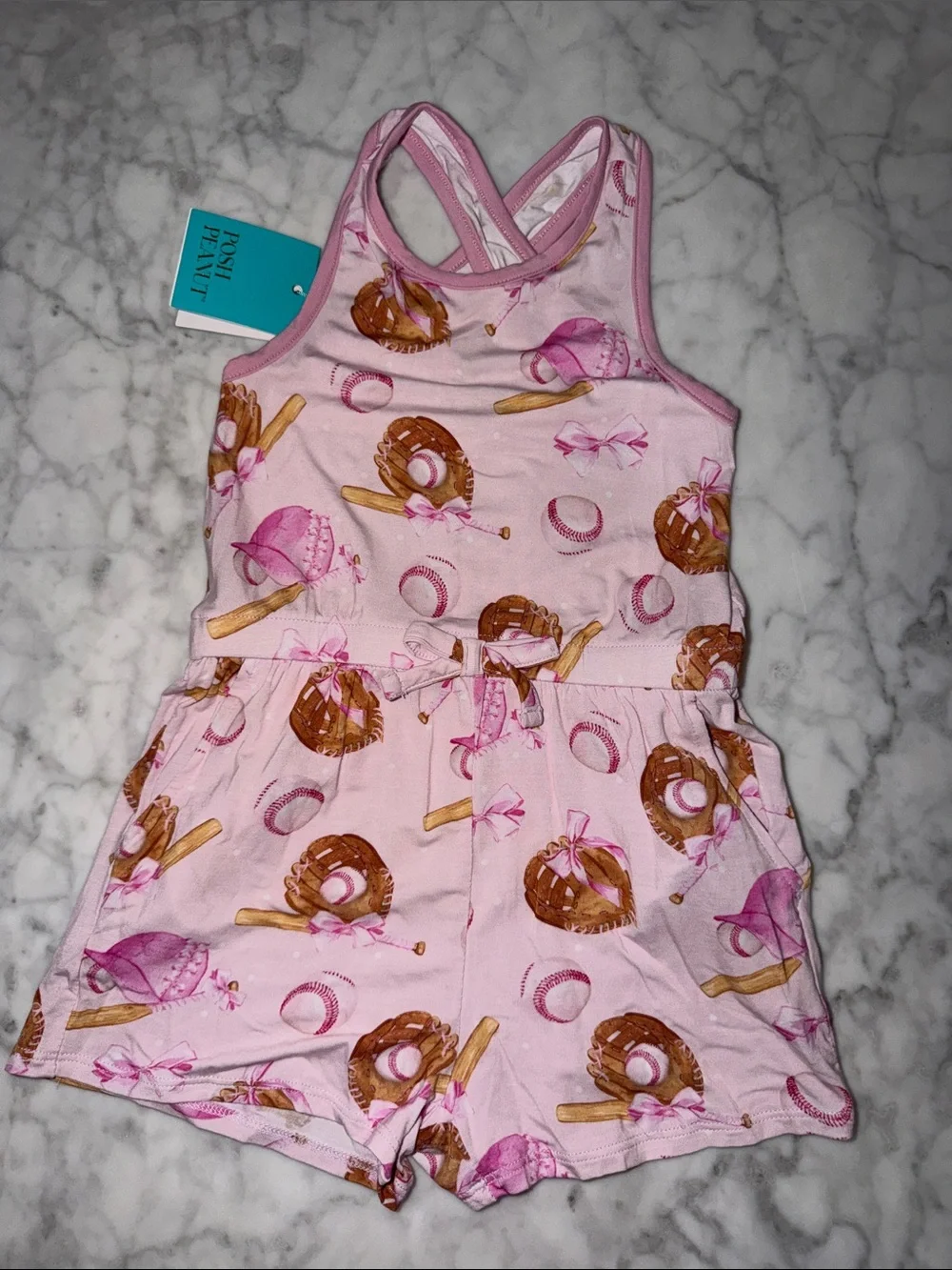 NWT Posh Peanut Pink Baseball Print Romper 3/4T